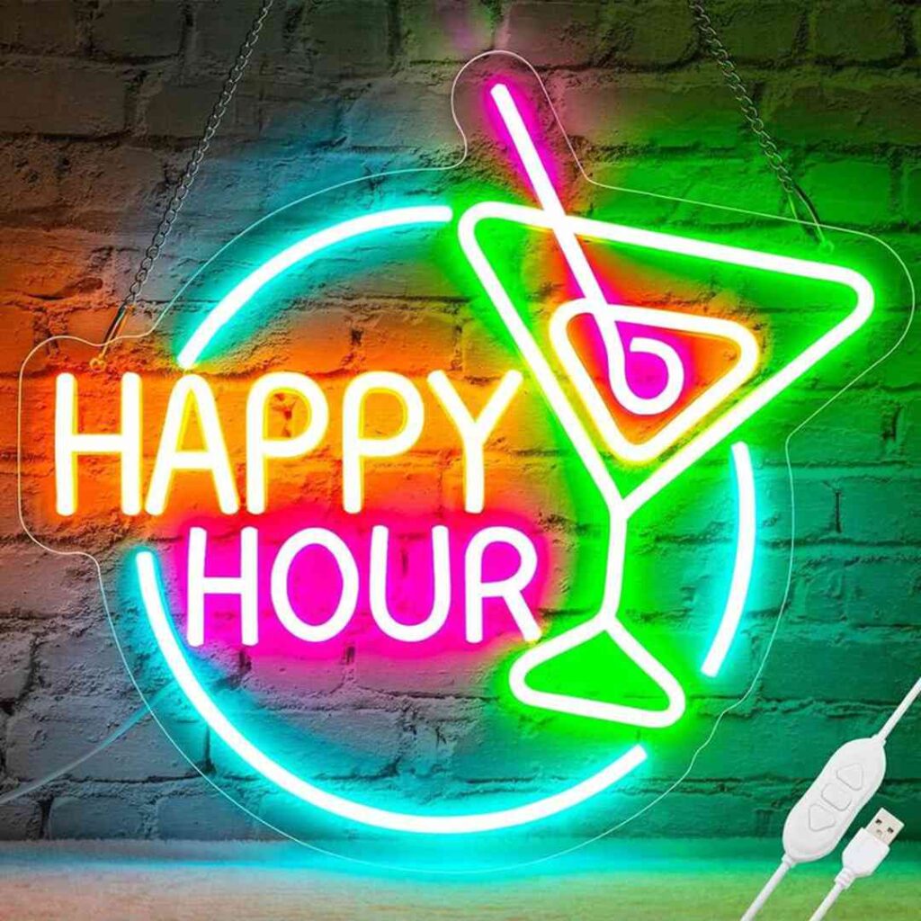 happy hour neon sign